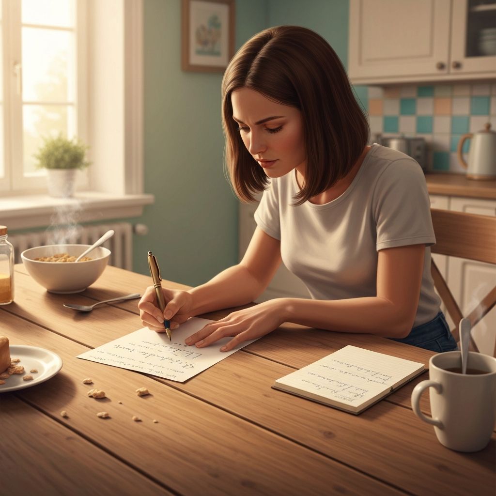 Woman writing shopping list at kitchen table