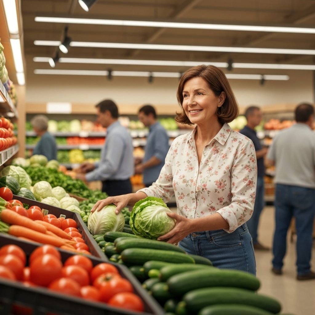 Person choosing items in supermarket produce aisle